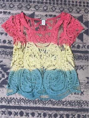 Vivid Collection DFNY cotton lace see through bright rainbow blouse size large